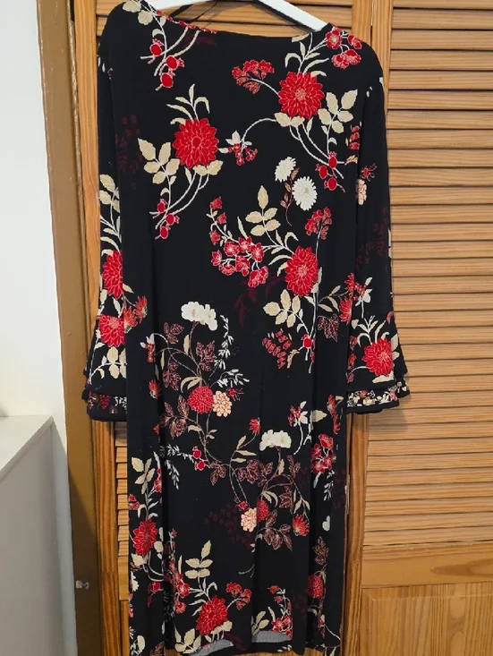 Charter Club Black Long-Sleeve Floral Dress - Red & Cream Flowers - Picture 2 of 2